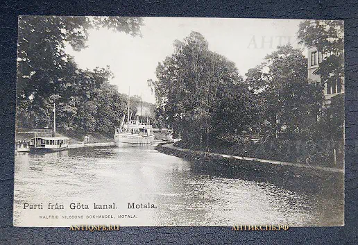 Открытка старинная "Party frаn Göta kanal. Motala" Швеция Мутала Нач. ХХ века №6585